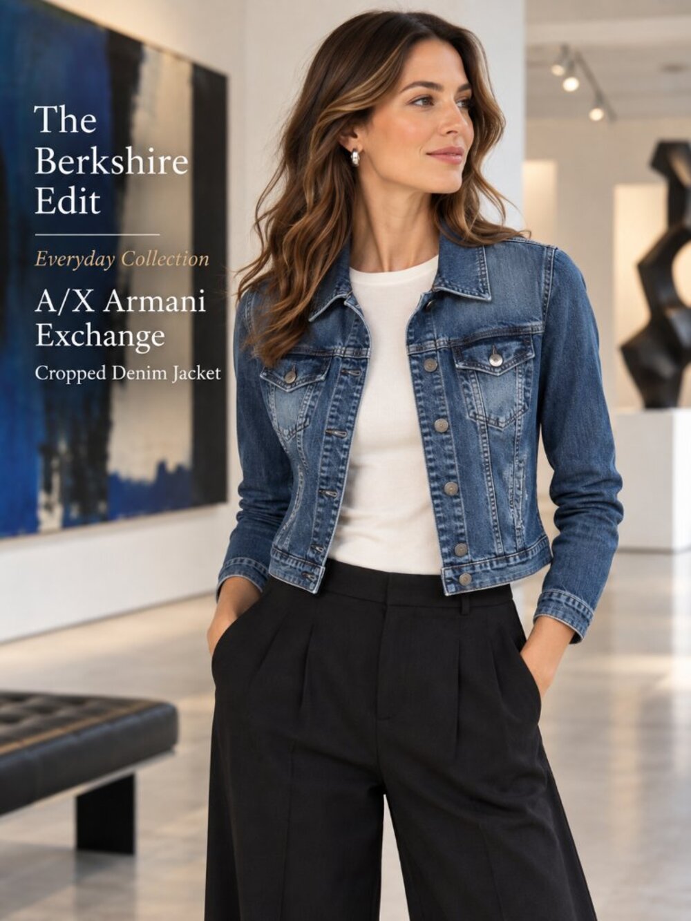 Armani Exchange Cropped Denim Jacket XS Indigo Wash Fitted Stretch Y2K
